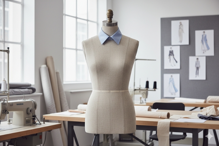 Detalle del cuello camisero y el pie de cuello en construcción sobre papel de patrón