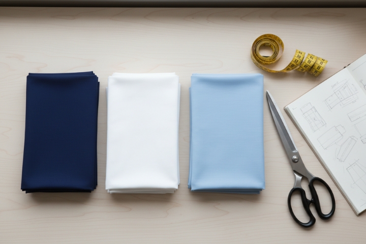 Patrones de uniformes de empresa extendidos sobre mesa de trabajo, con tabla de medidas del equipo
