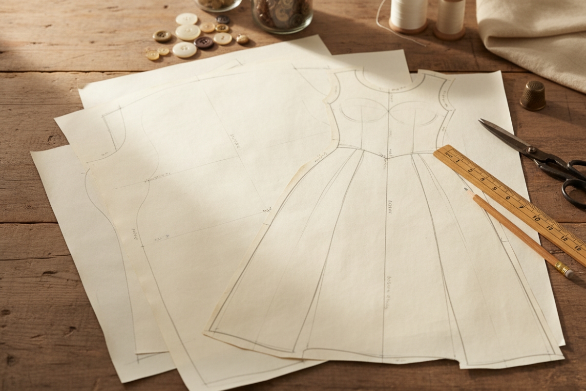Patrón de vestido sobre papel, piezas de cuerpo y falda